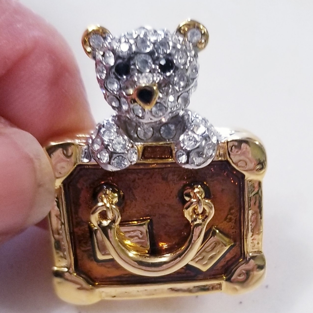 Vintage Blingy Teddy Bear With Suitcase Pin Brooch New On Card